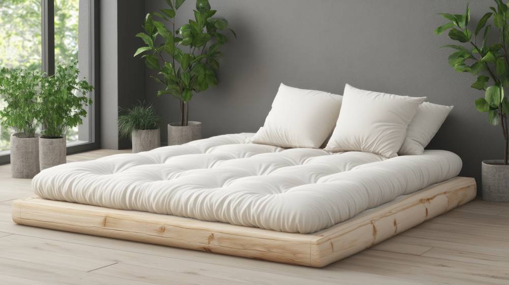 Futonbett-120x200-cm-Test: Ein Futonbett aus Massivholz steht in einem modernen Raum.