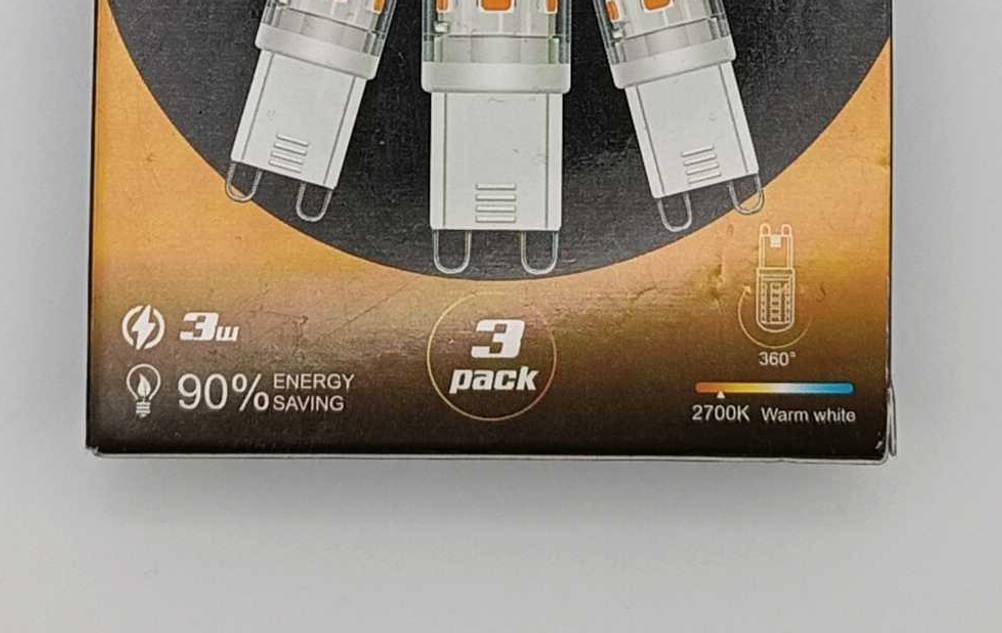 G9-LED getestet: Nahaufnahme der Vorderseite der Verpackung mit Informationen.