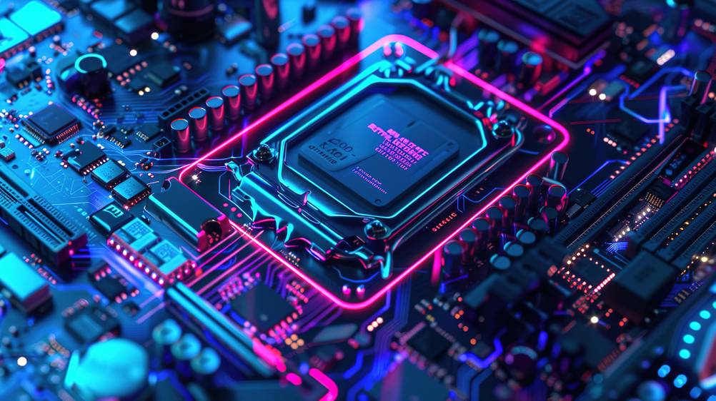 Das Mainboard und der Prozessor eines getesteten Gaming-PC-Sets unter Schwarzlicht.