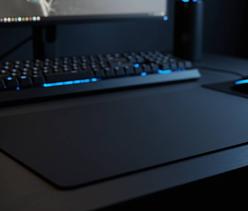 Getestetes Gaming-Mousepad vor einer schwarzen Tastatur auf einem schwarzen Schreibtisch.
