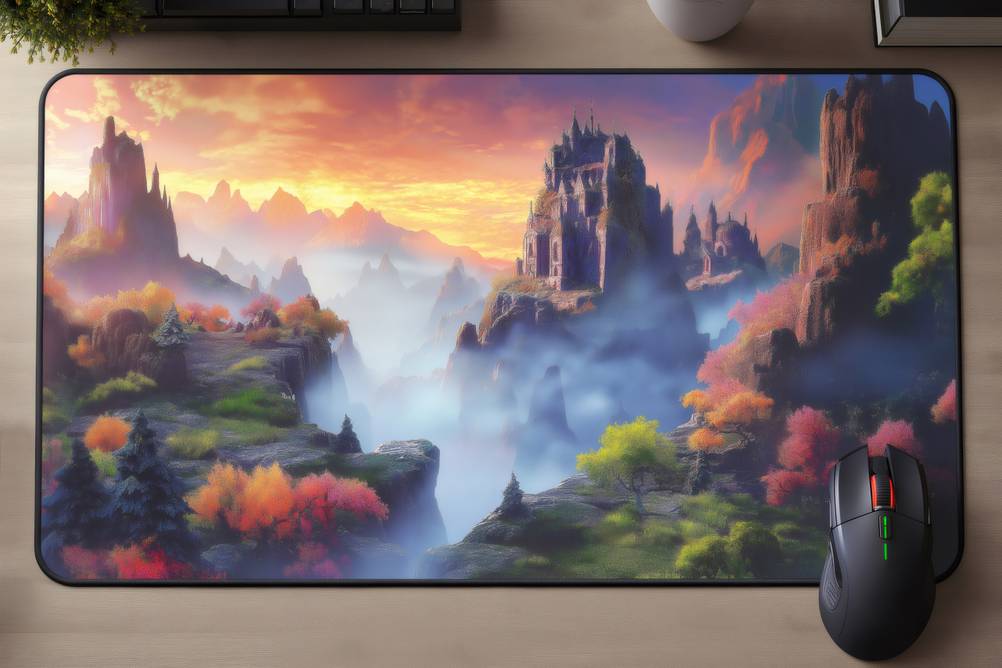Gaming-Mousepad im Test: Ein Mousepad zeigt eine nebelige Berglandschaft mit einer Burg.