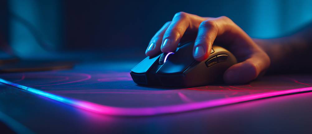 Gaming-Mousepad-Test: Eine Hand liegt auf einer Gaming-Maus, die sich auf einem beleuchteten Mousepad befindet.