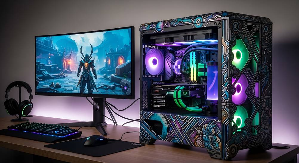 Gaming-PC-Sets im Test: Ein Gaming-Setup bestehend aus PC, Monitor, Tastatur, Maus und Kopfhörern. Auf dem Bildschirm wird ein Fantasy-Game angezeigt.