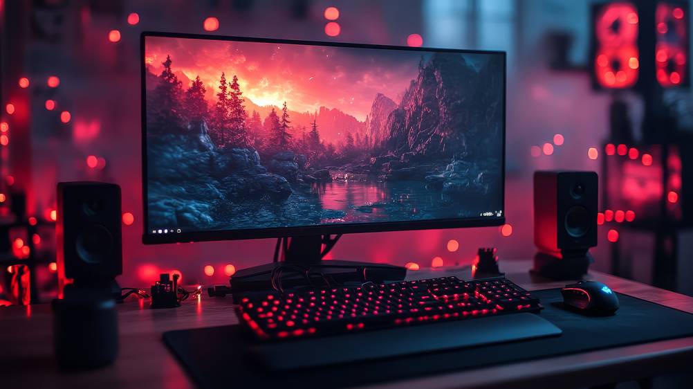 Gaming-PC-Sets im Test: Ein Gaming-Setup bestehend aus PC, Monitor, Tastatur, Maus und Kopfhörern im roten LED-Licht. Auf dem Bildschirm wird eine Fantasy-Landschaft angezeigt.