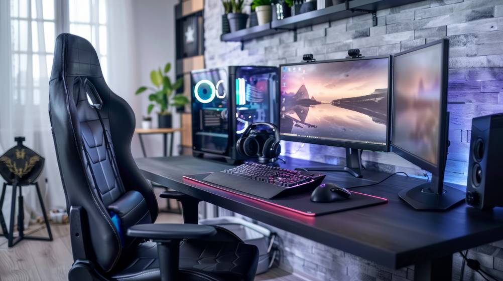 Ein Gaming-Setup mit einem getesteten Ultradesk und einem davor stehenden Gaming-Stuhl.