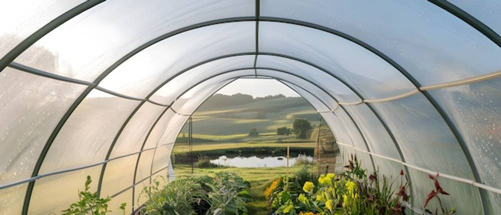 Gardebruk-Gewächshaus im Test: Ein Blick aus einem Folientunnel auf eine Landschaft mit See.