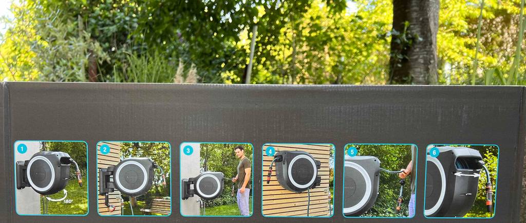 Gardena Schlauchbox im Test: Detailansicht der bebilderten Anleitung auf der Originalverpackung.