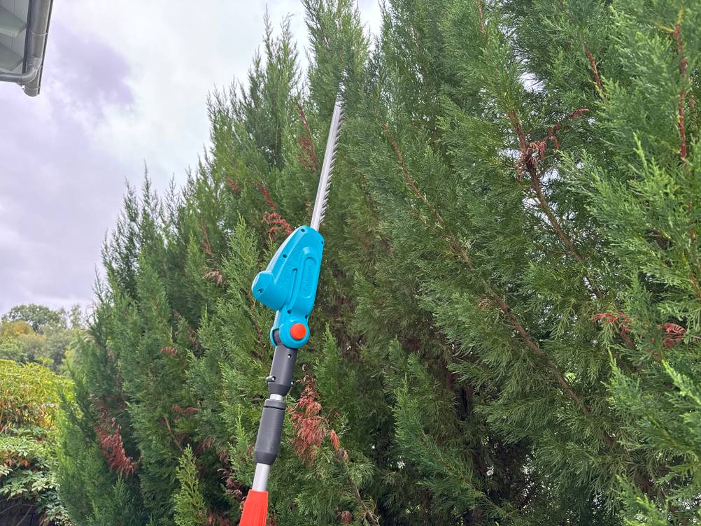 Hohe Hecken werden mit der Gardena THS 42/18V geschnitten
