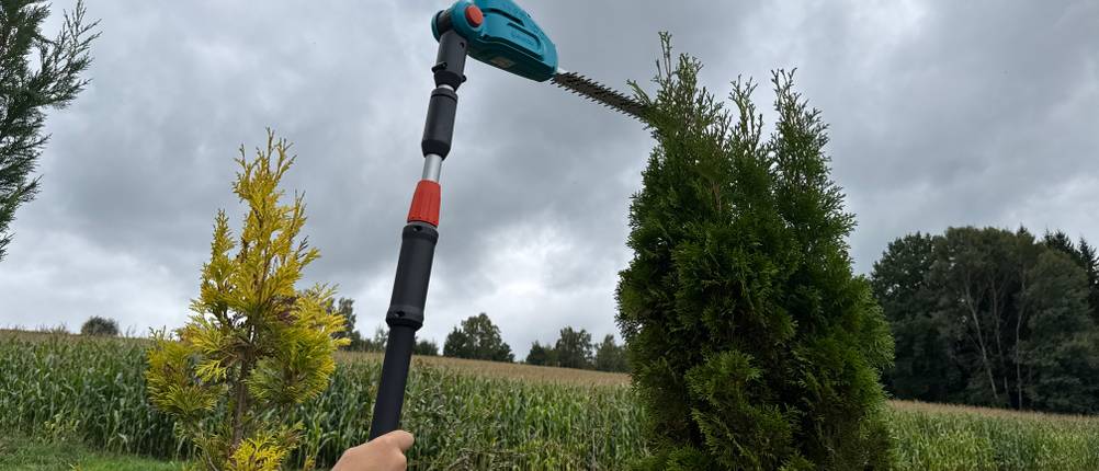 Mit der Gardena THS 42/18V wird die Spitze einer Hecke geschnitten