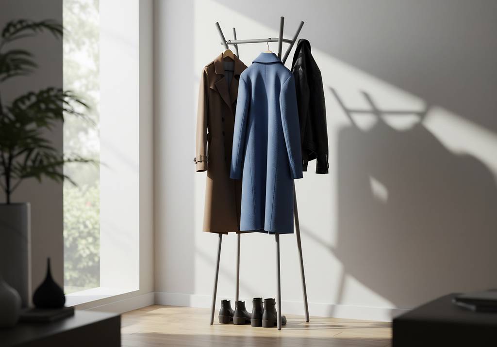 Garderobenständer-Test: Ein schwarzer Garderobenständer aus Metall steht in einem modernen Raum.