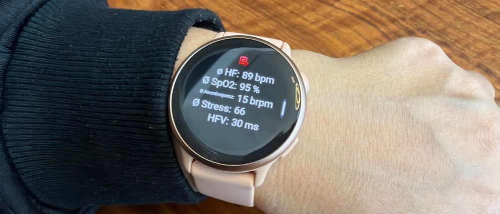 Wichtige Daten werden während eines Trainings auf der Garmin Vivoactive 6 angezeigt