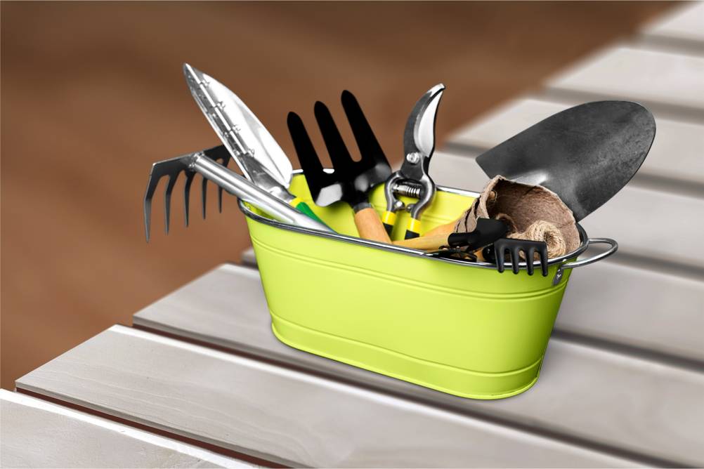 Gartengeräte wie kleine Schaufeln und Graber und Handschuhe.