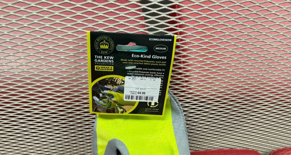 Gartenhandschuhe getestet: Nahaufnahme des Labels mit Preisangabe.