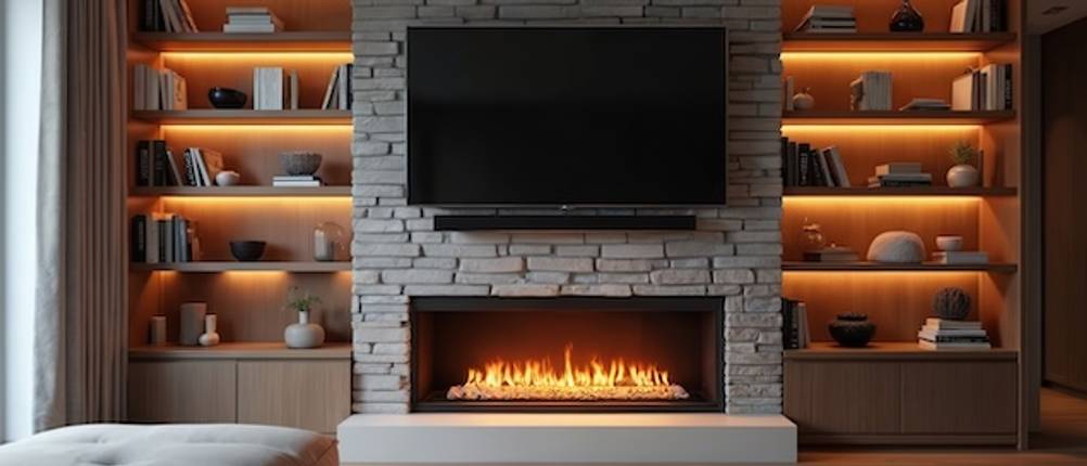 Gas-Feuerstelle indoor unter einem Fernseher im Test.