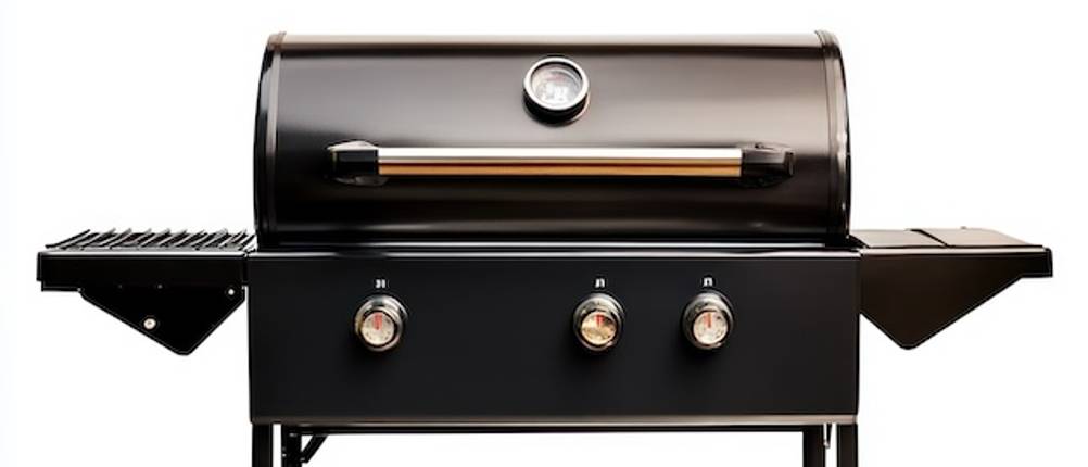 Schwarzer Gasgrill im Test vor einem weißen Hintergrund.