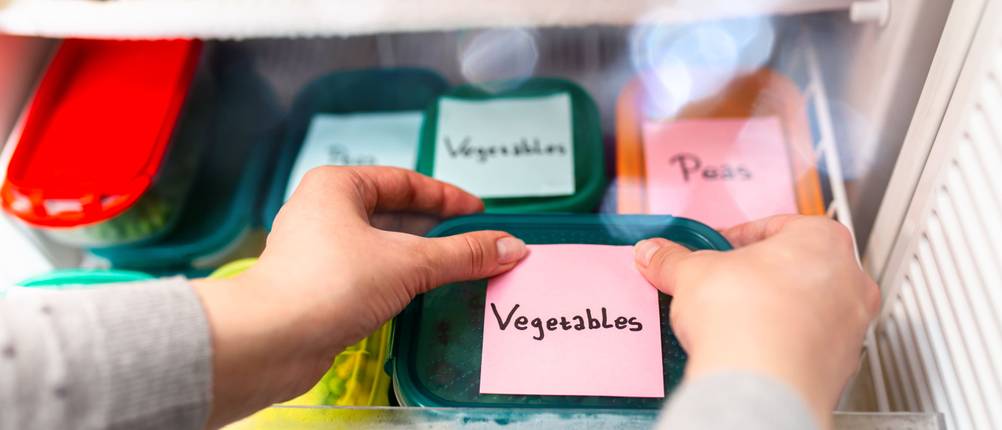 Gefrieretiketten-Test: Diverse Dosen im Gefrierschrank mit beschrifteten Zetteln