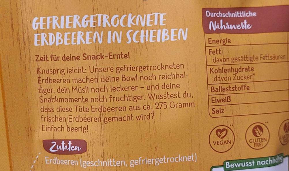 Gefriergetrocknete Erdbeeren-Test: Nahaufnahme der Rückseite der Verpackung.