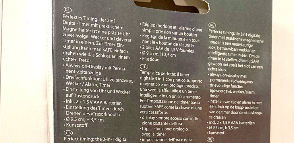 Nahaufnahme der deutschen Produktbeschreibung eines digitalen Timers im Test.