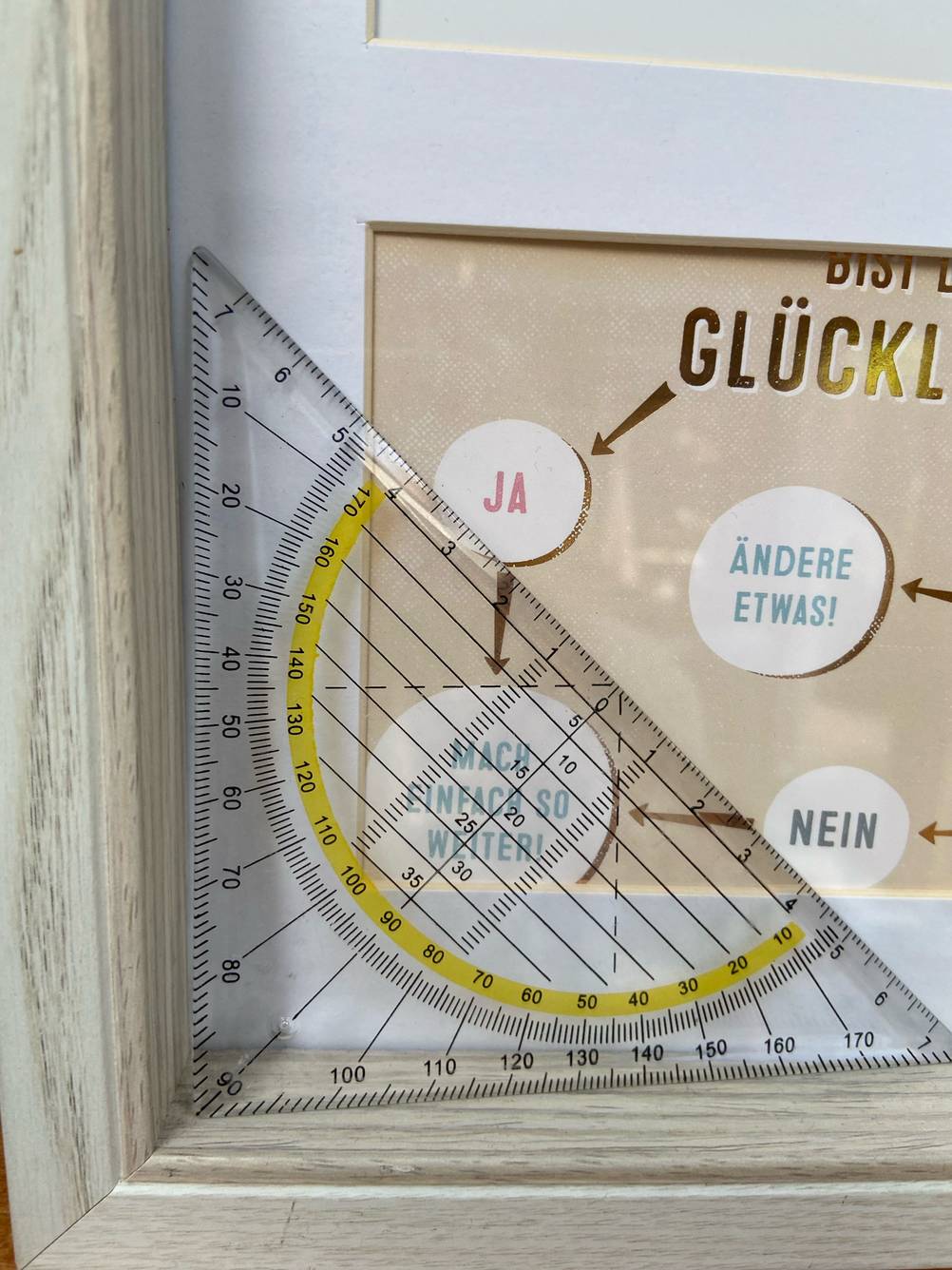 In einem Bilderrahmen befindet sich das getestete Geodreieck.