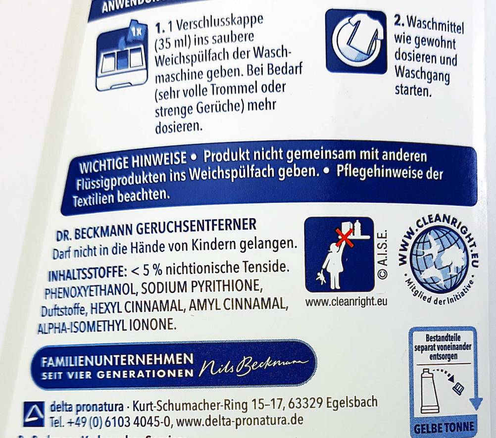 Geruchsneutralisierer im Test: Nahaufnahme der Rückseite mit Informationen.