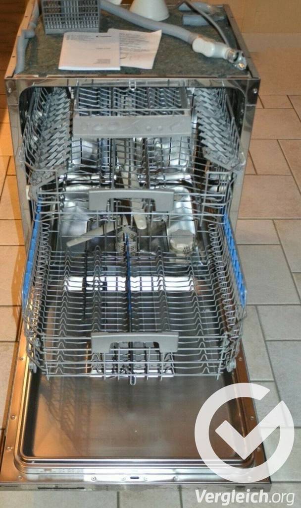 Innenansicht eines getesteten Geschirrspülers ohne Verkleidung.