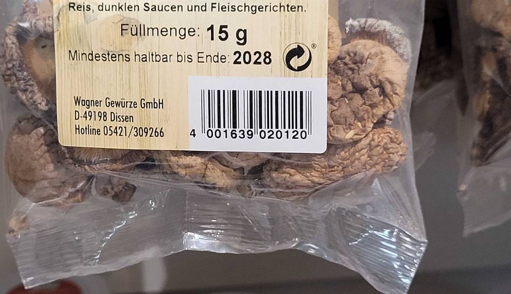 Getrocknete Pilze getestet: Nahaufnahme des Labels mit Füllmenge.