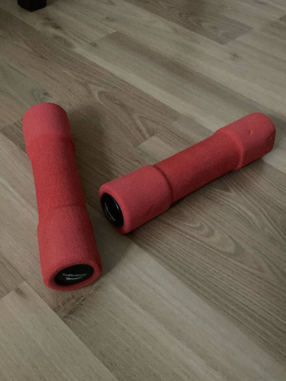 Zwei rote getestete Gewichte liegen quer zueinander auf einem hellen Holzboden.