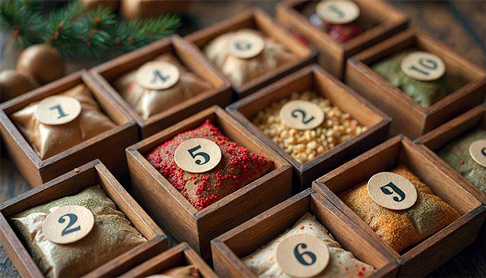 Gewürz-Adventskalender im Test: Kleine nummerierte Holztruhen mit Gewürzen darin