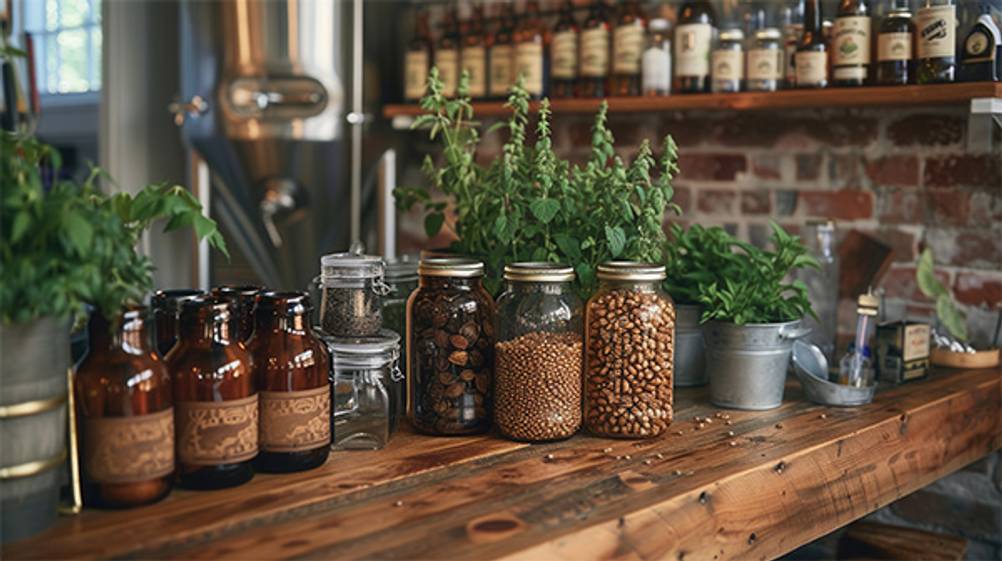 Gin-Baukasten im Test: Verschiedene Botanicals in Gläsern für den selbstgemachten Gin.