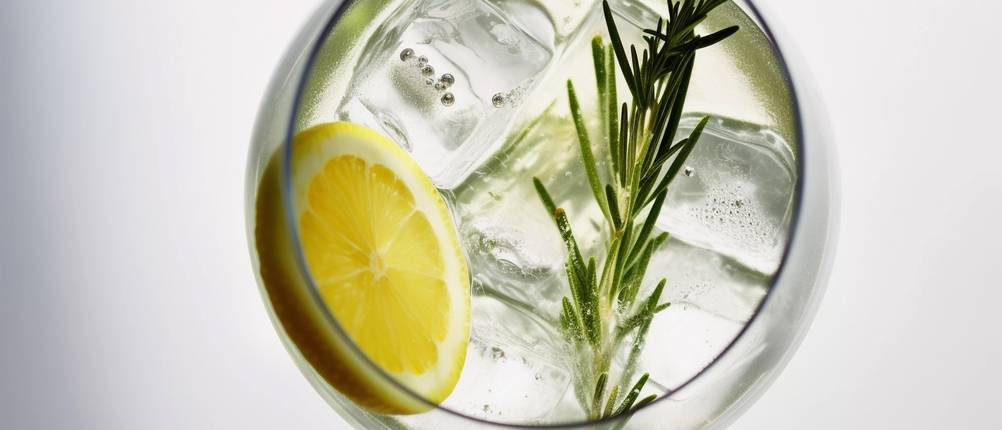 Gin-Baukasten im Test: Der Blick von oben auf einen fertig gemischten Gin mit Eis, Zitrone und Botanicals.