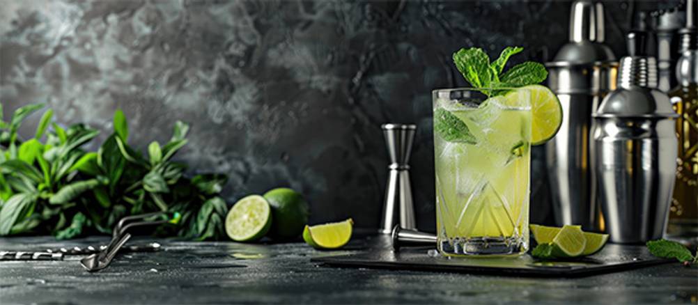 Gin-Tasting-Set im Test: Ein Gin mit Limetten dekoriert. Im Hintergrund Shaker und Jigger.