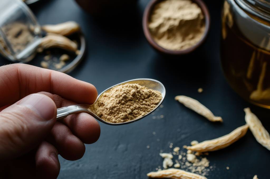 Ginseng-Tee-Test: Eine Person hält einen Löffel mit Ginseng-Pulver in der Hand. 