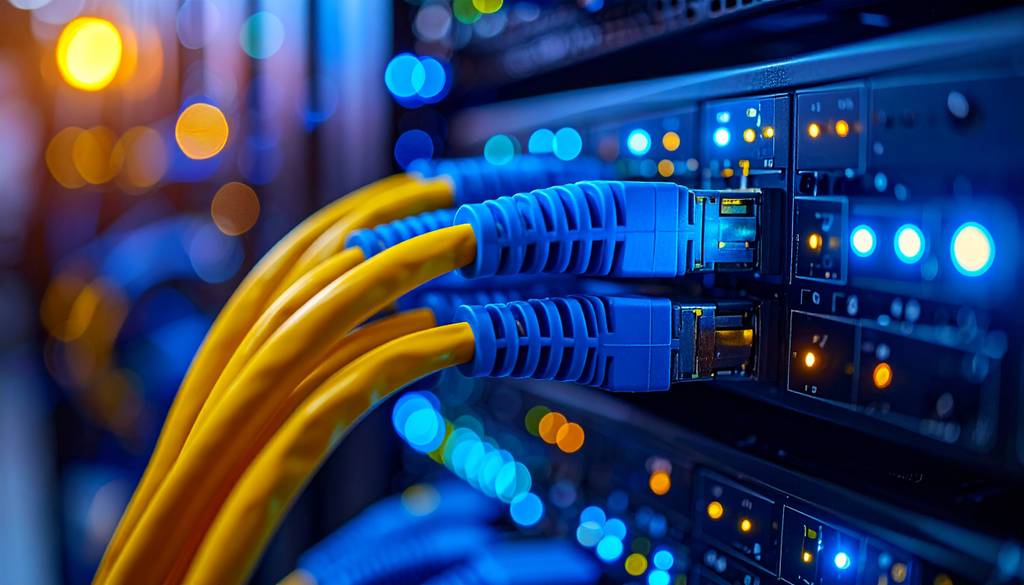 LAN-Kabel mit 15 m im Test: Gelbe Glasfaserkabel unter Schwarzlicht stecken in einem blinkenden Switch.
