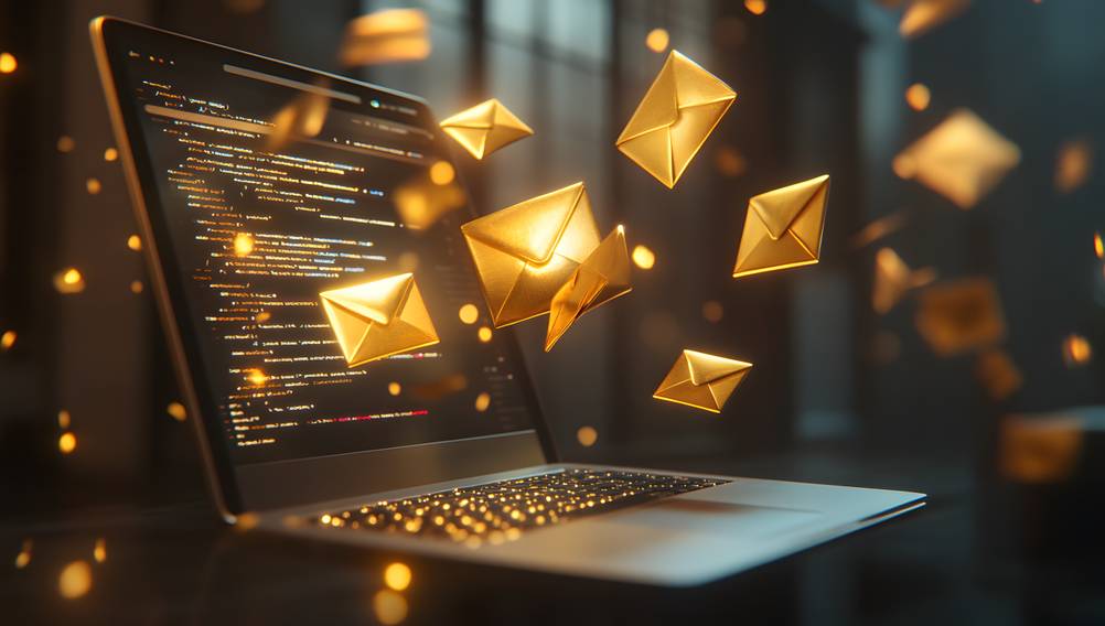 Newsletter-Software im Test: Goldene Umschläge fliegen aus einem Laptopbildschirm.