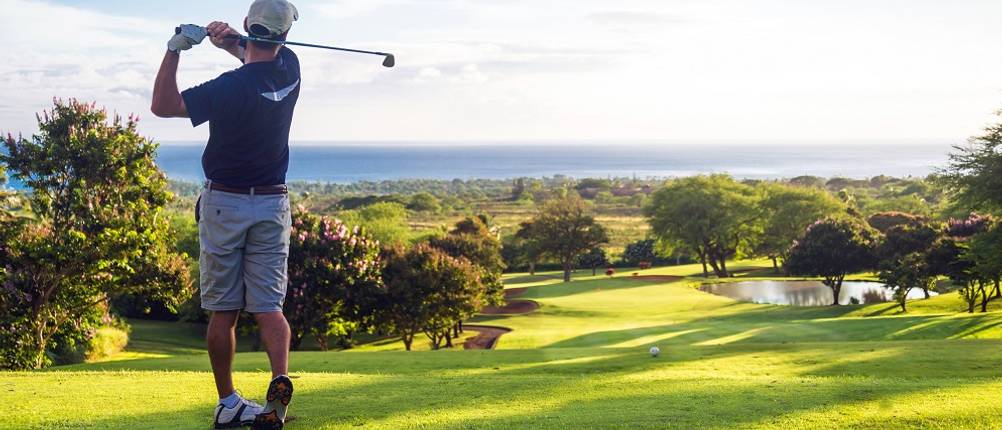 Golfschuhe-Herren-Test: Ein Mann spielt auf einem Rasen Golf.