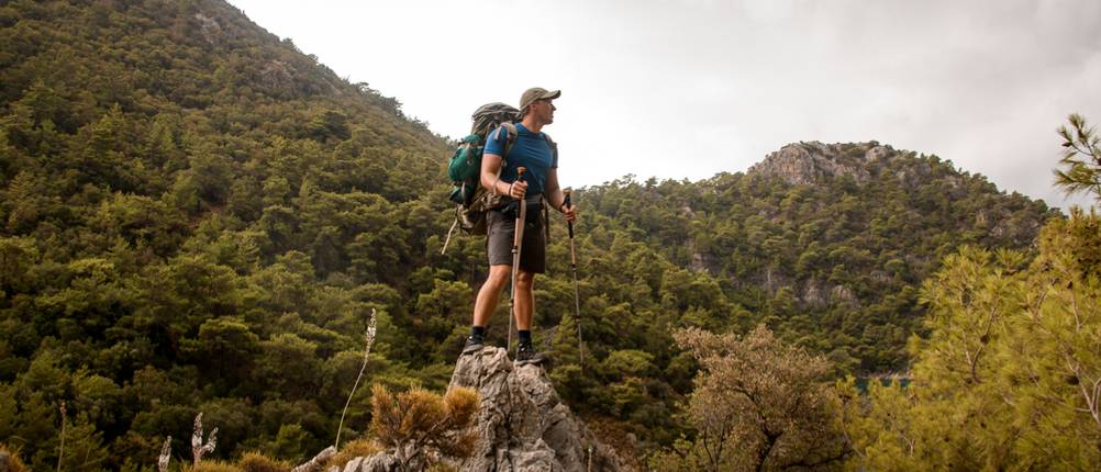 gore-tex-wanderschuhe-herren-test: Ein Mann mit Wanderstöcken steht auf einem Fels. 