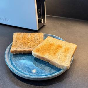 Ein Vollkorntoast und ein Weizentoast liegen nach dem Toasten auf einem Teller.