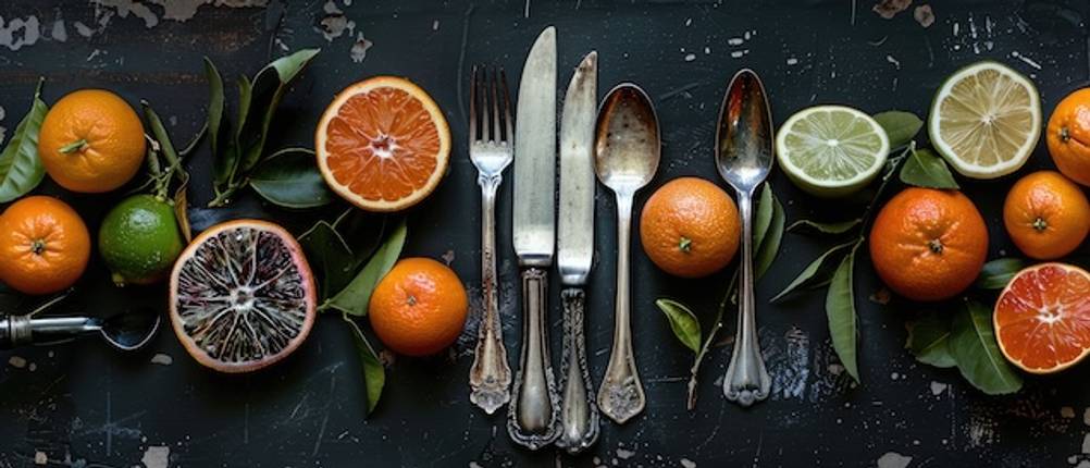 Antike Grapefruitlöffel getestet: Ein altes Silberbesteck liegt auf einem dunklen Untergrund, dekoriert mit Zitrusfrüchten.