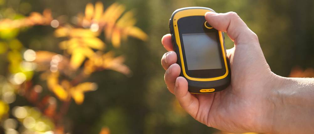 Eine Person hält einen GPS-Tracker in der Hand, im Hintergrund ist ein Wald sichtbar.