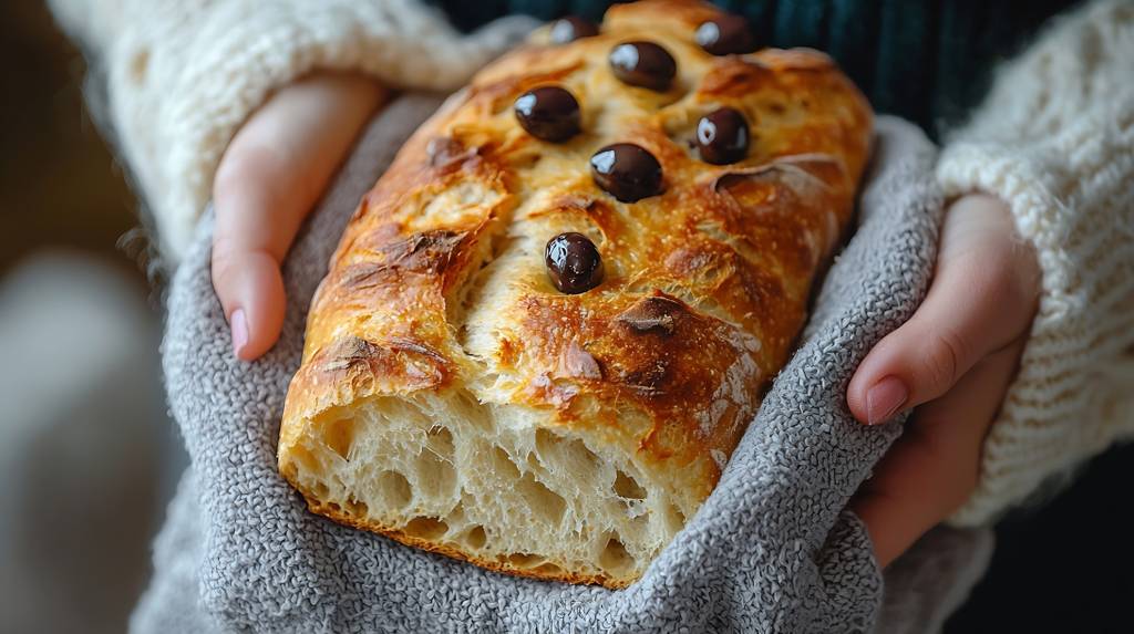 Griechische-Oliven-Test: Eine Frau hält ein mit Oliven dekoriertes Ciabatta in der Hand. 