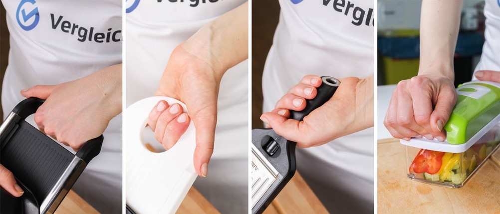 4 verschiedene Griffe eines Gemüsehobels im Vergleich