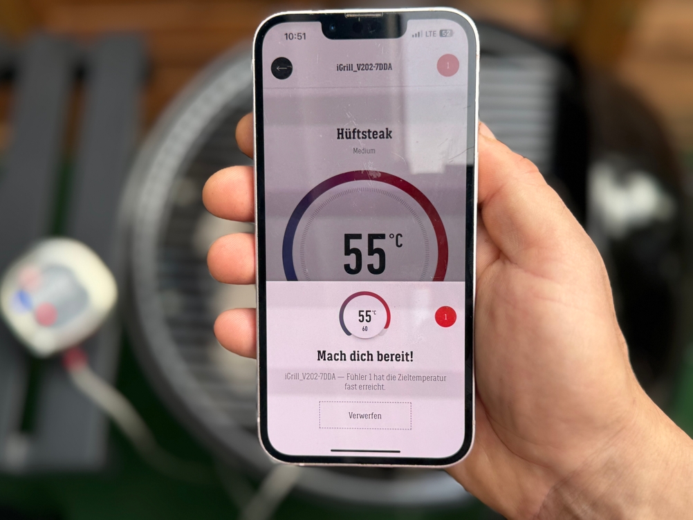 Benachrichtigung in der App des getesteten Grillthermometers von Weber.