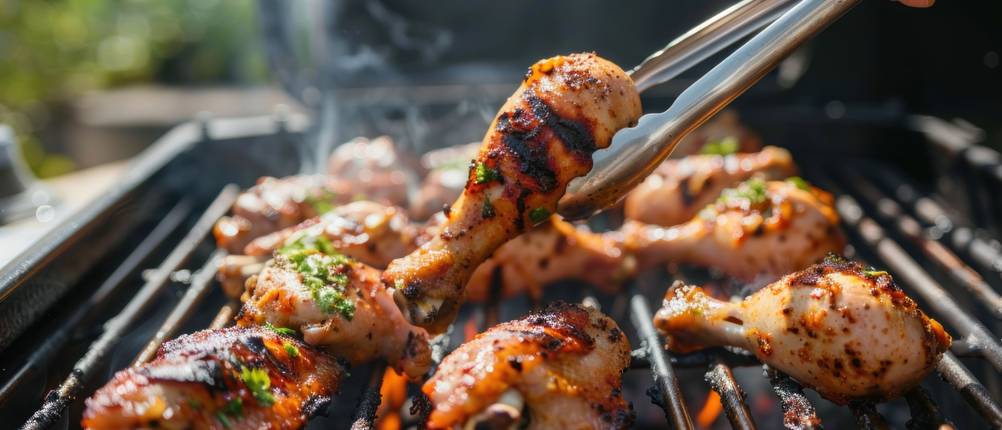 Hähnchenschenkel auf Grill werden mit einer Grillzange angehoben.