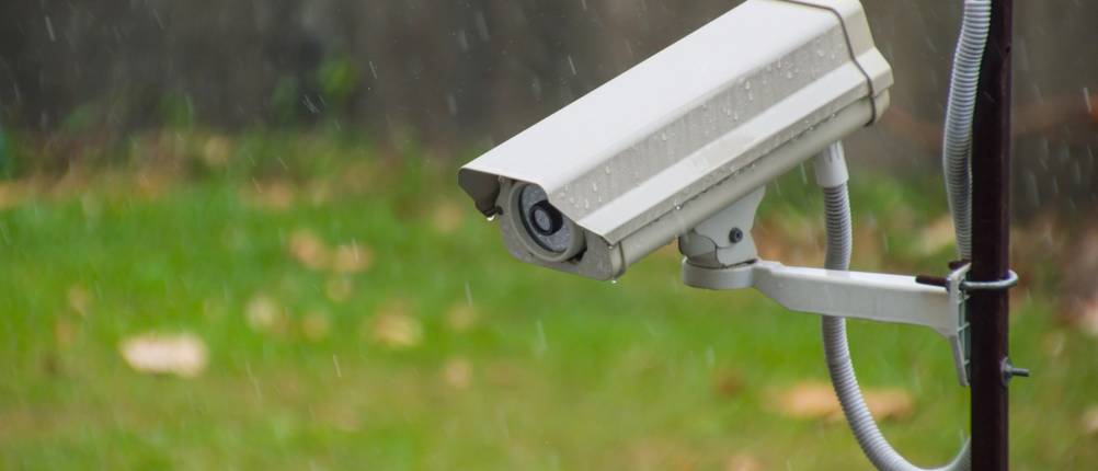 Eine GSM-Überwachungskamera hängt im Regen in einem Garten. 