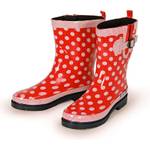Gummistiefel-Damen-Test: rote Gummistiefel mit weißen Punkten und Streifen