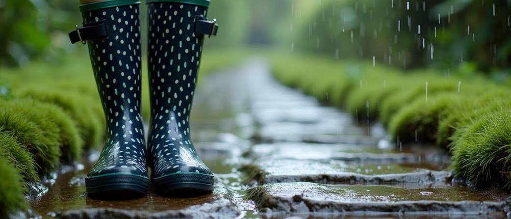 Gummistiefel-Damen-Test: Zwei Beine stecken in gepunkteten Gummistiefeln und stehen auf einem Steinweg; rechts und links bewachsen, es regnet