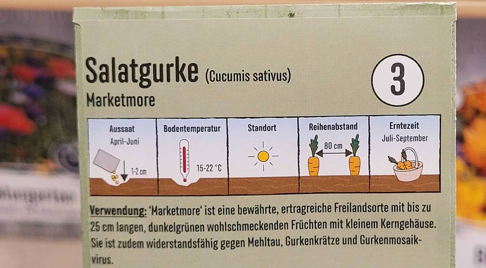 Gurken-Samen im Test: Nahaufnahme der Infografiken auf der Rückseite der Verpackung.
