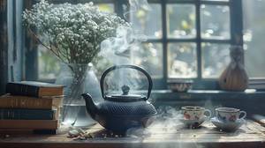 Gusseiserne-Teekanne-Test: Eine Gusseisen-Teekanne und zwei Tassen Tee stehen in einer Küche. Daneben befindet sich eine Vase mit Blumen.