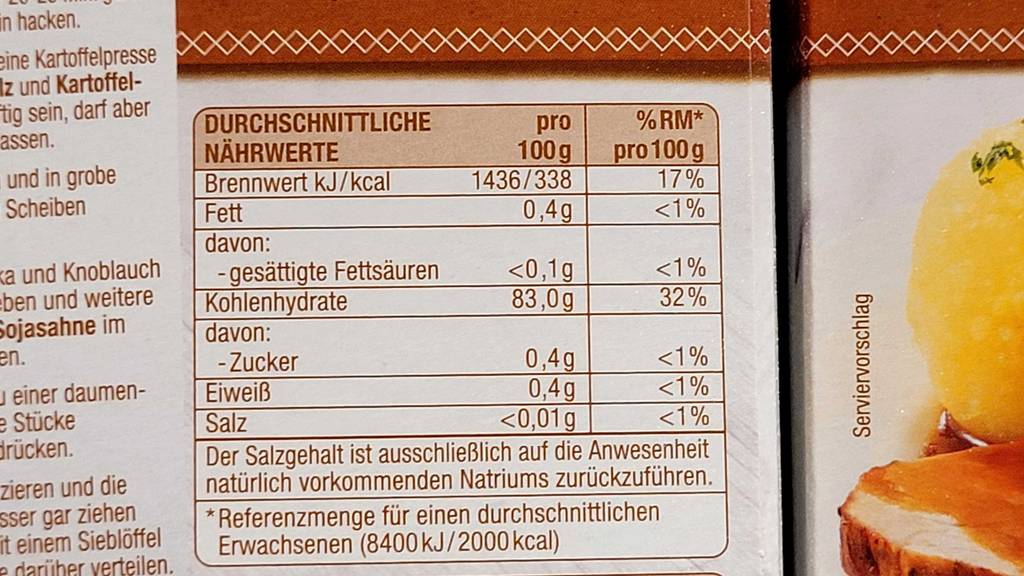Auf der Rückseite der Verpackung von Kartoffelstärke im Test stehen Angaben zu Nährwerten.