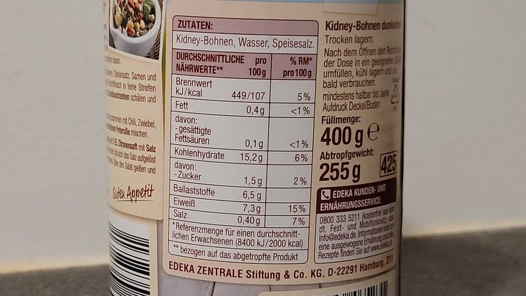 Detailansicht der Zutaten und durchschnittlichen Nährwerte von getesteten Kidneybohnen in der Dose.